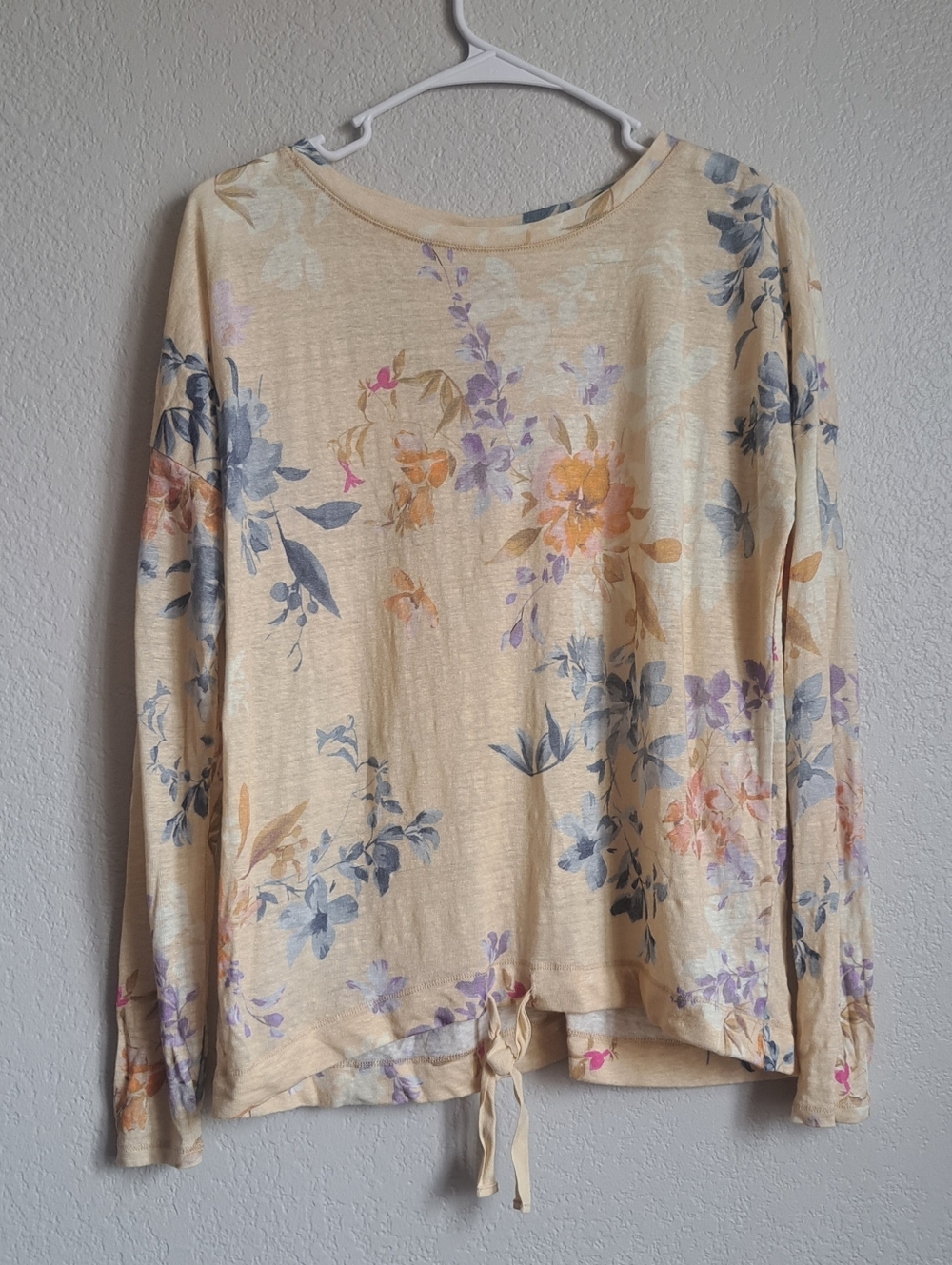 Sundance Linen Pastel Yellow Floral Soft Knit Tie Front Longsleeve Size XS